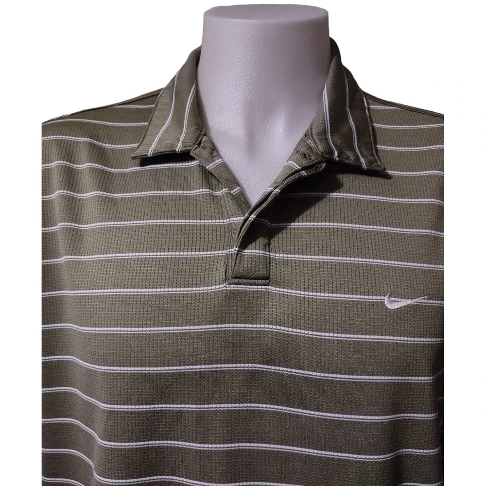 Nike Performance Polo Shirt Men's Large L Green Striped Collar Logo Short Sleeve
